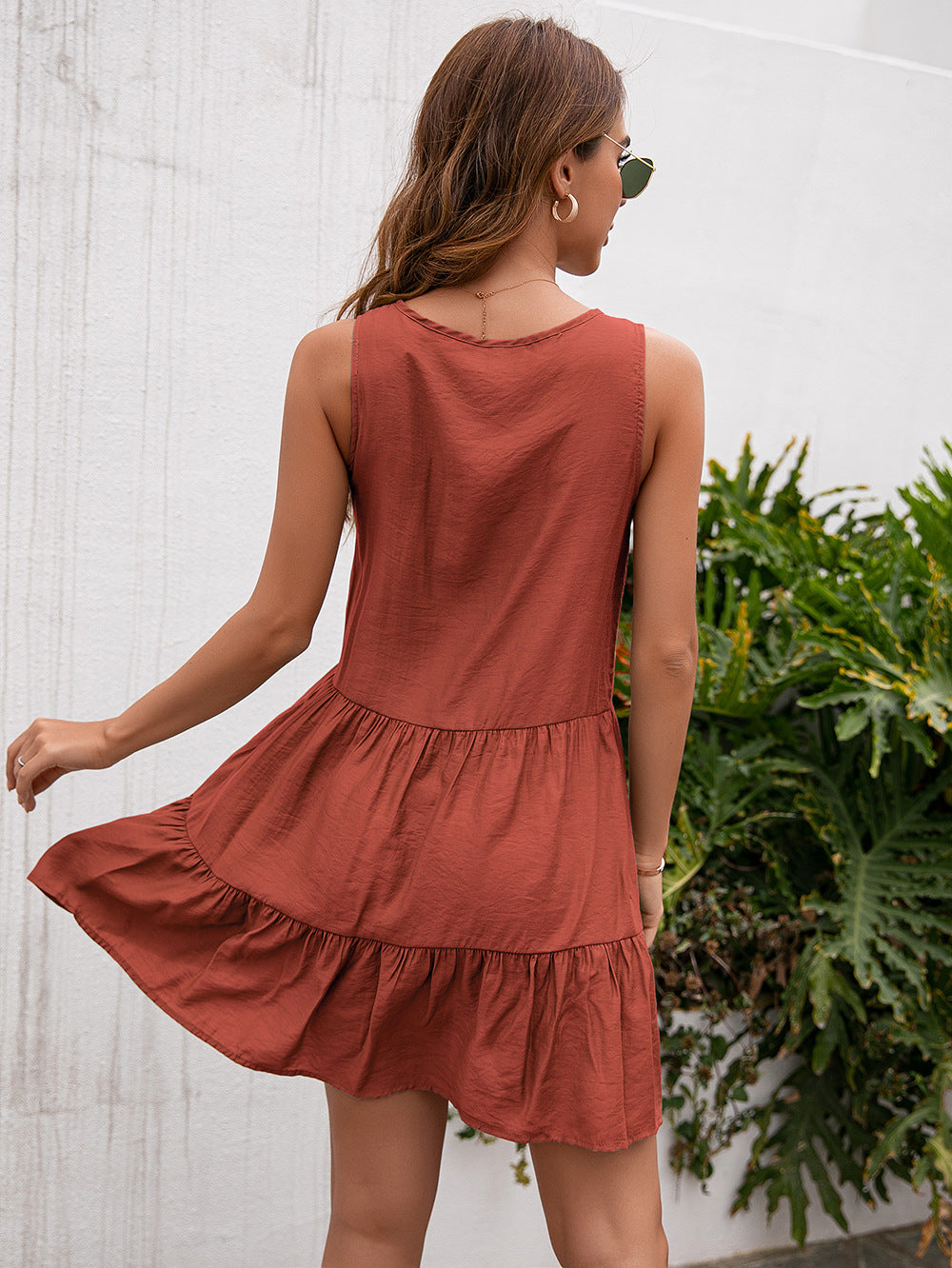 Brown Tie-Up Neck Lace Detail A-Line Knee Length Dress