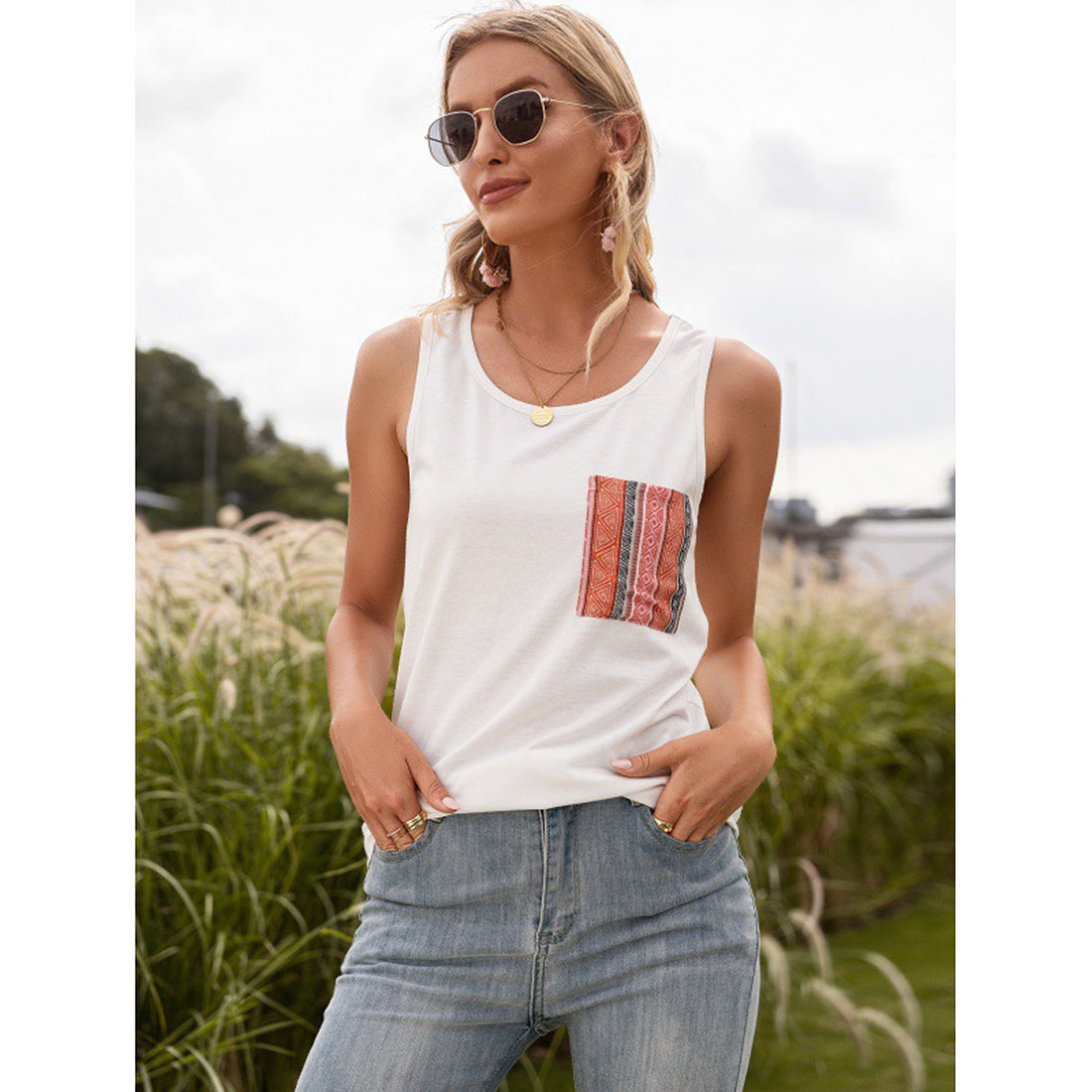 White Print Tank Top
