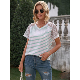 Green & White Horizontal Striped V-Neck Top