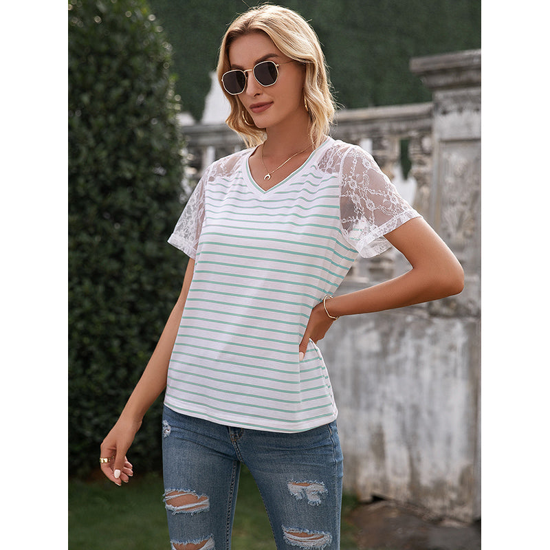 Green & White Horizontal Striped V-Neck Top