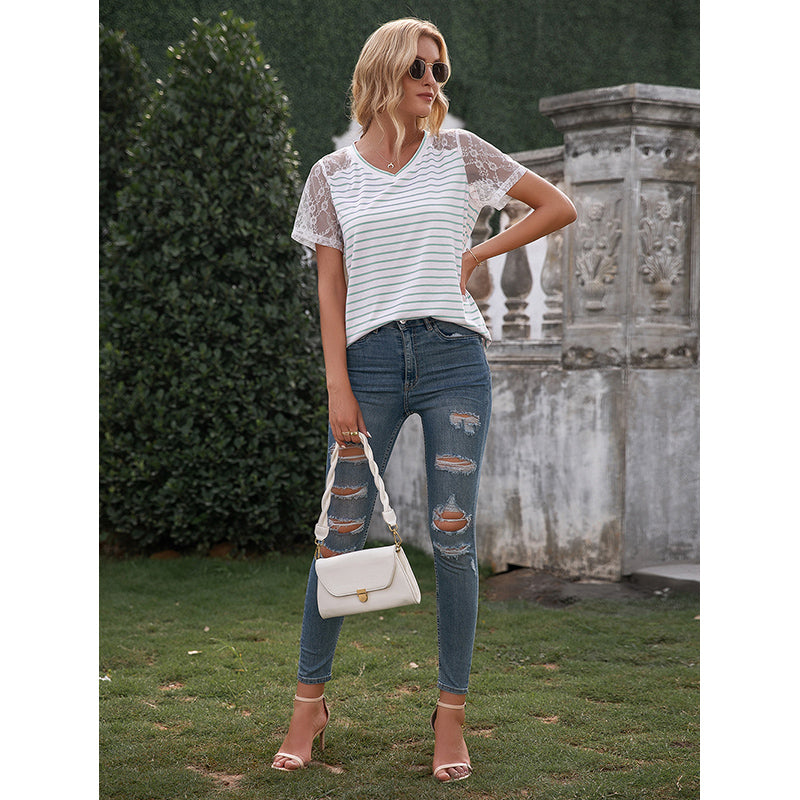 Green & White Horizontal Striped V-Neck Top