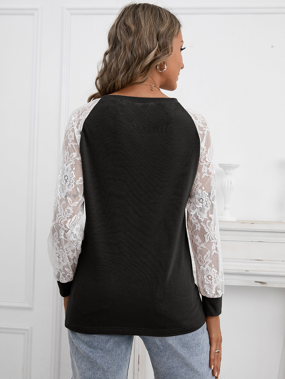 Woman Black Self Design Lace Sleeves Top