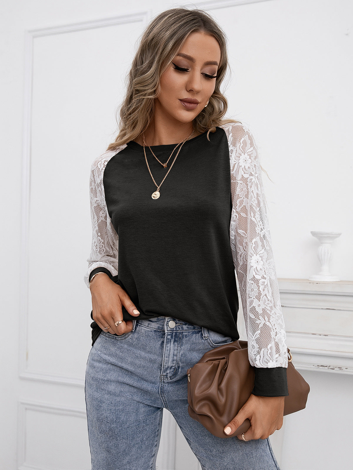 Woman Black Self Design Lace Sleeves Top