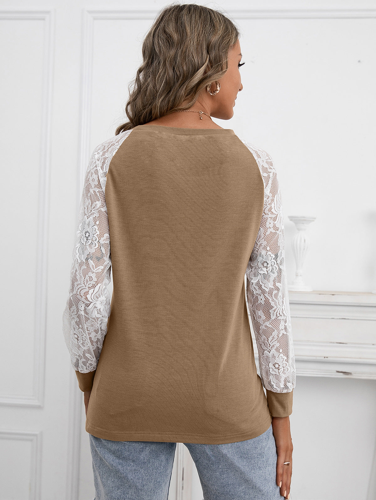 Woman Khaki Lace Sleeve Top