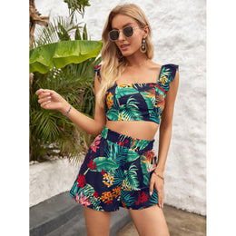 Green Square Neck Printed Top With Shorts