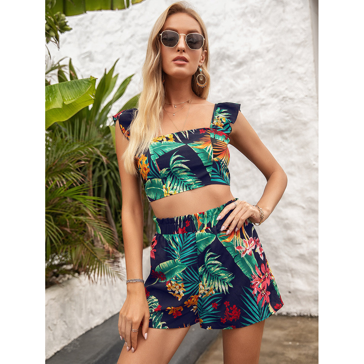 Green Square Neck Printed Top With Shorts