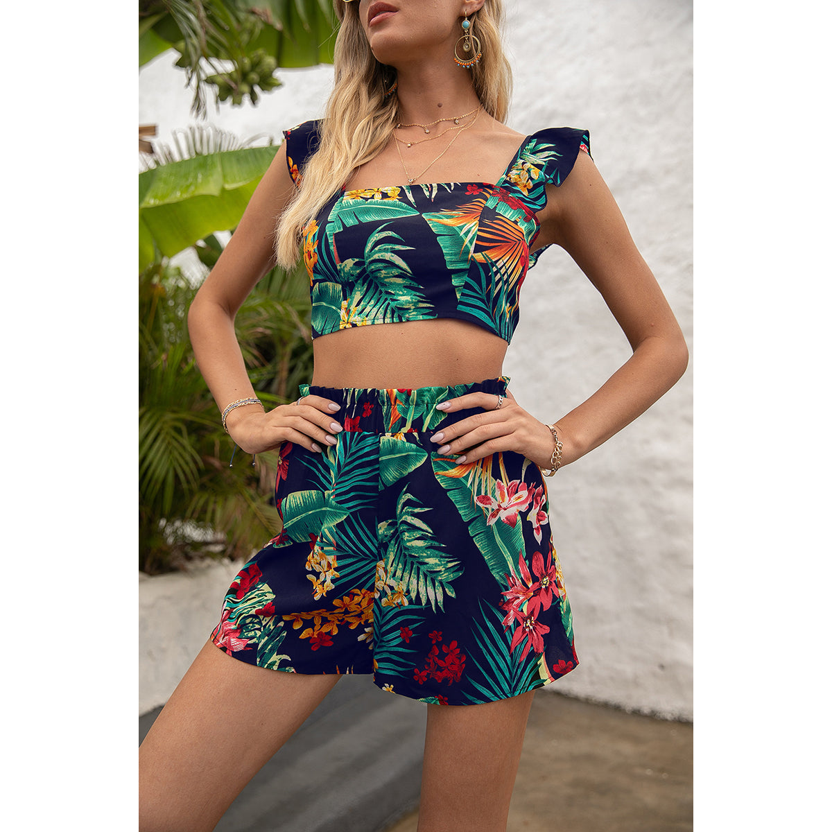 Green Square Neck Printed Top With Shorts