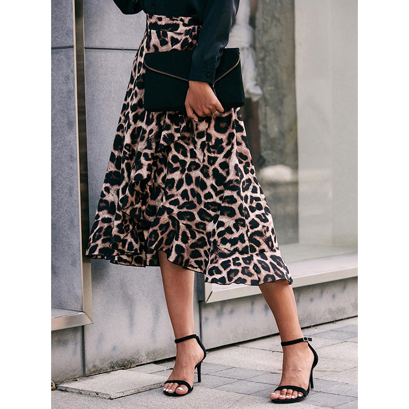 Brown Printed Wrap Midi Length Skirt