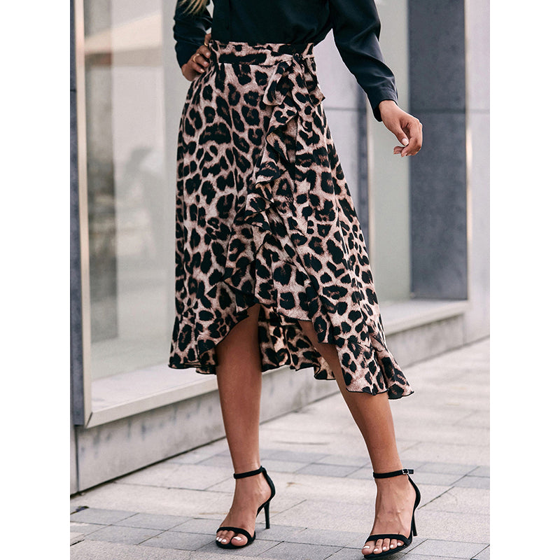 Brown Printed Wrap Midi Length Skirt