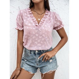 Pink V-neck Puff Sleeve Top