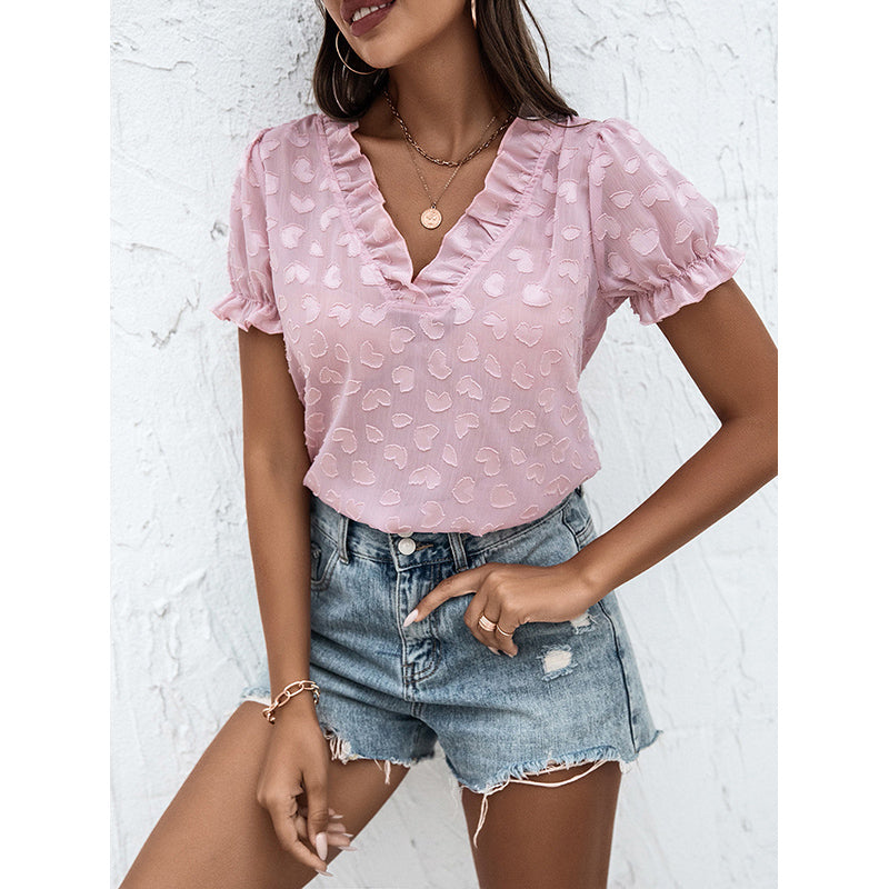 Pink V-neck Puff Sleeve Top