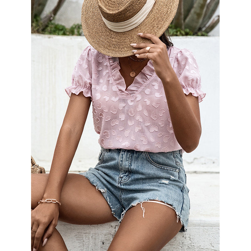 Pink V-neck Puff Sleeve Top