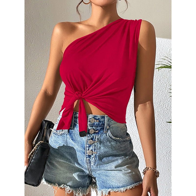 Red Knotted Detail One Shoulder Crop Fitted Top