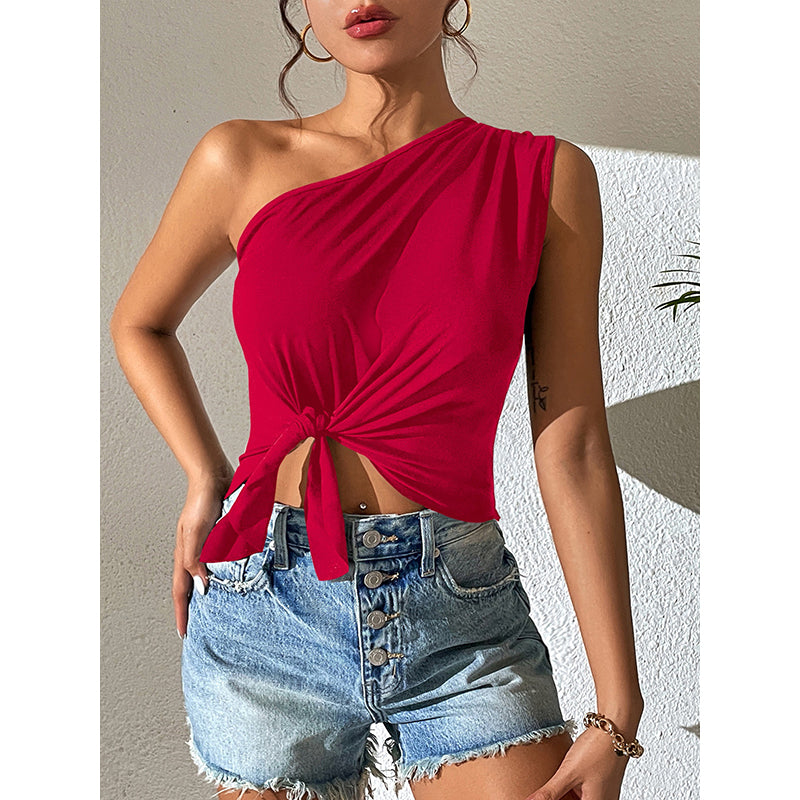 Red Knotted Detail One Shoulder Crop Fitted Top