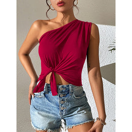 Maroon One Shoulder Twisted Crop Top