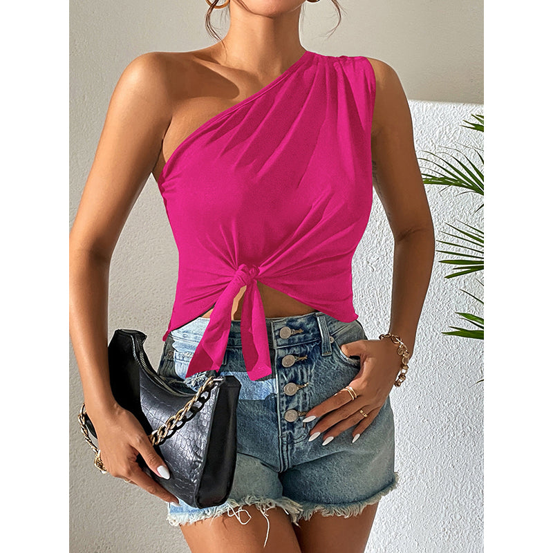 Fuchsia One Shoulder Tie-Up Detailed Crop Top