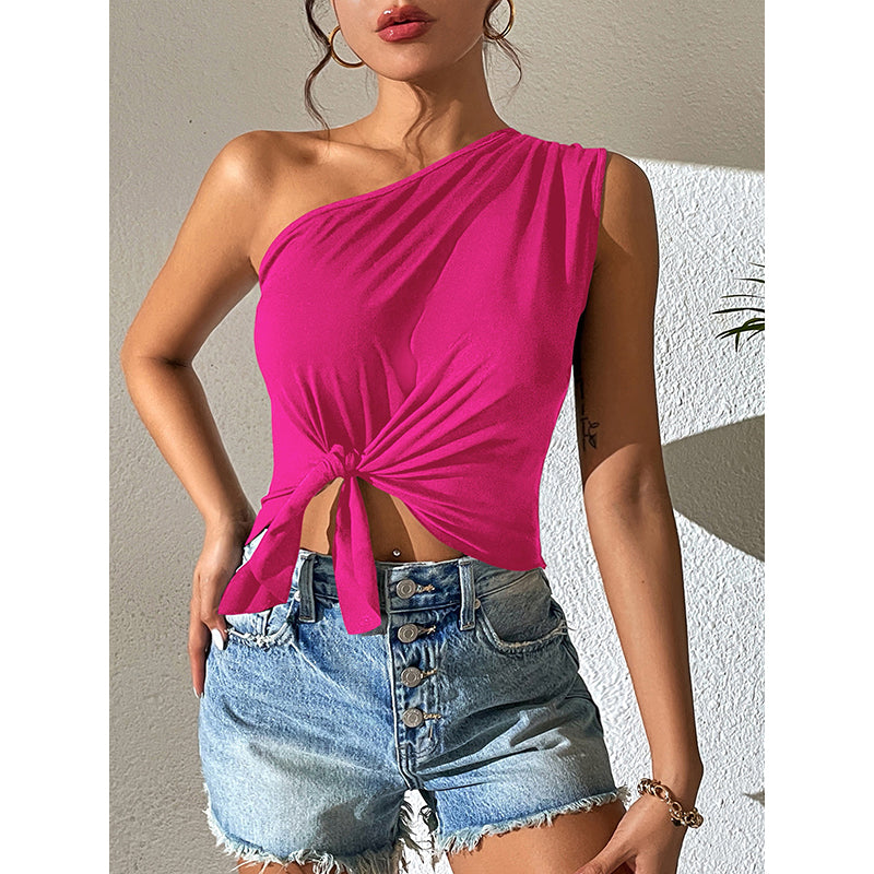 Fuchsia One Shoulder Tie-Up Detailed Crop Top