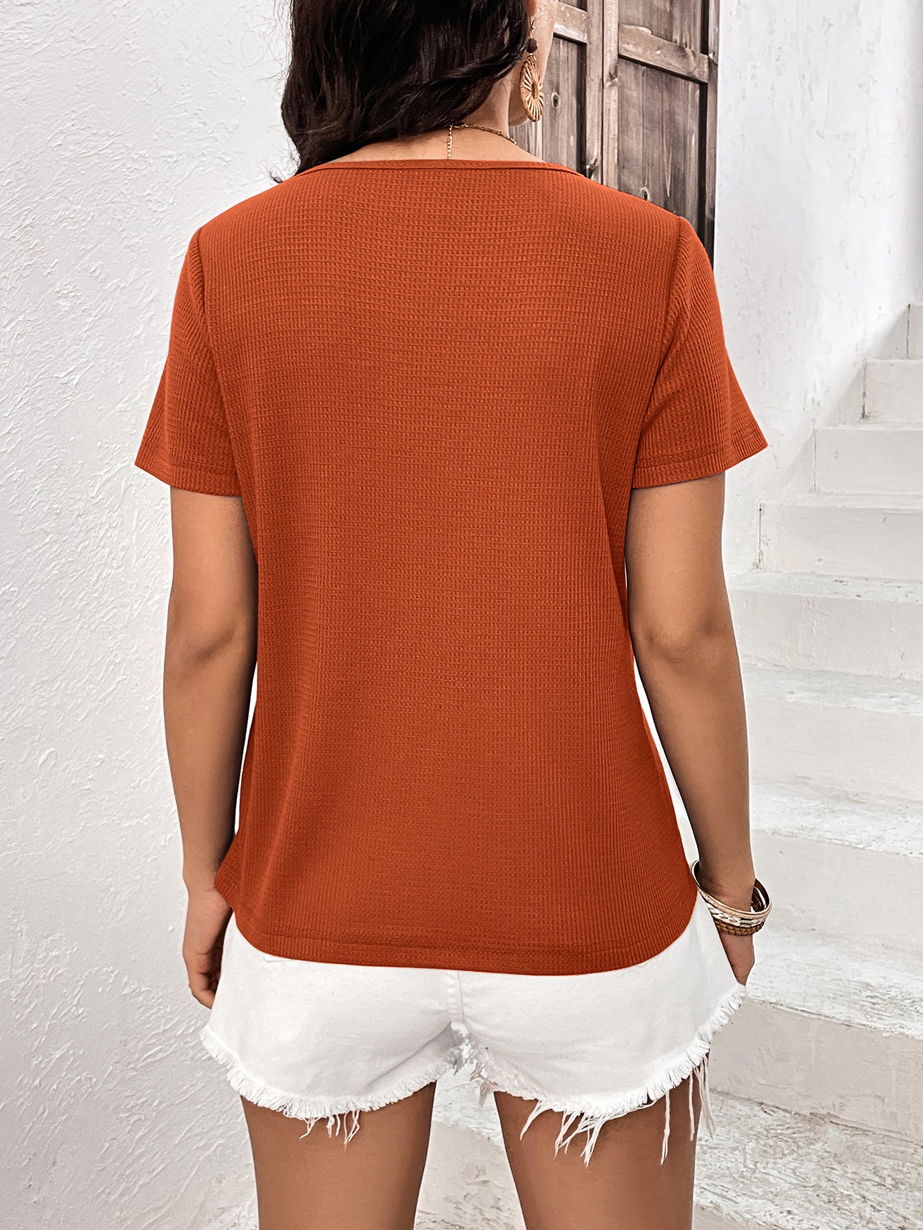 Orange Lace Inserts Detail Round Neck Top