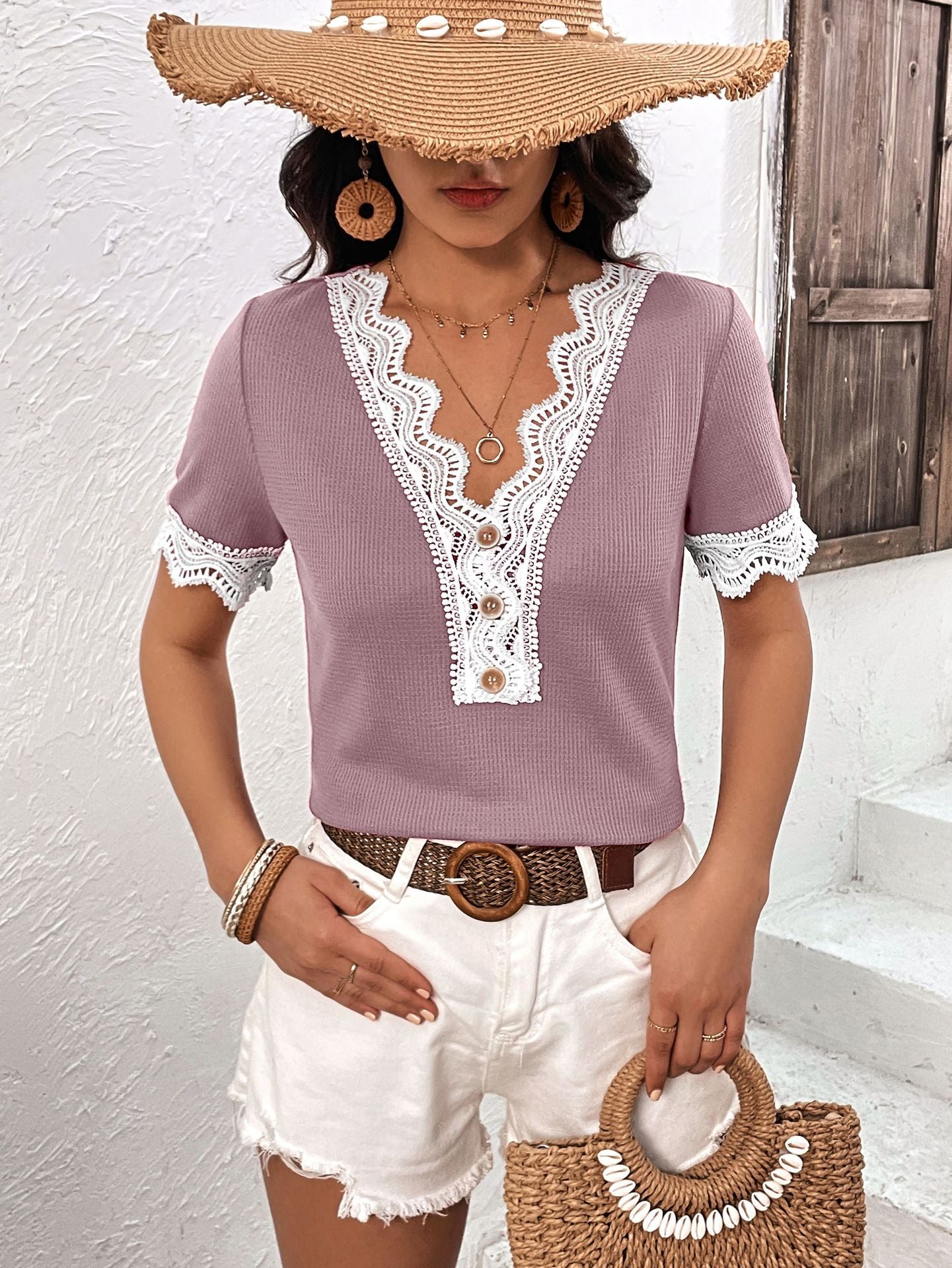 Purple V-Neck Lace Detail Top