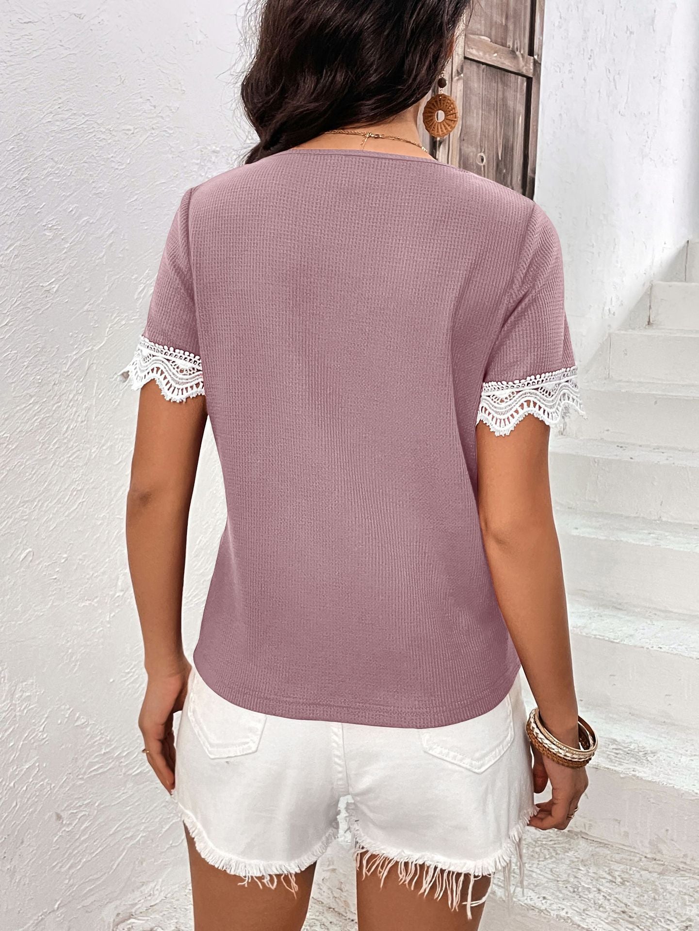 Purple V-Neck Lace Detail Top