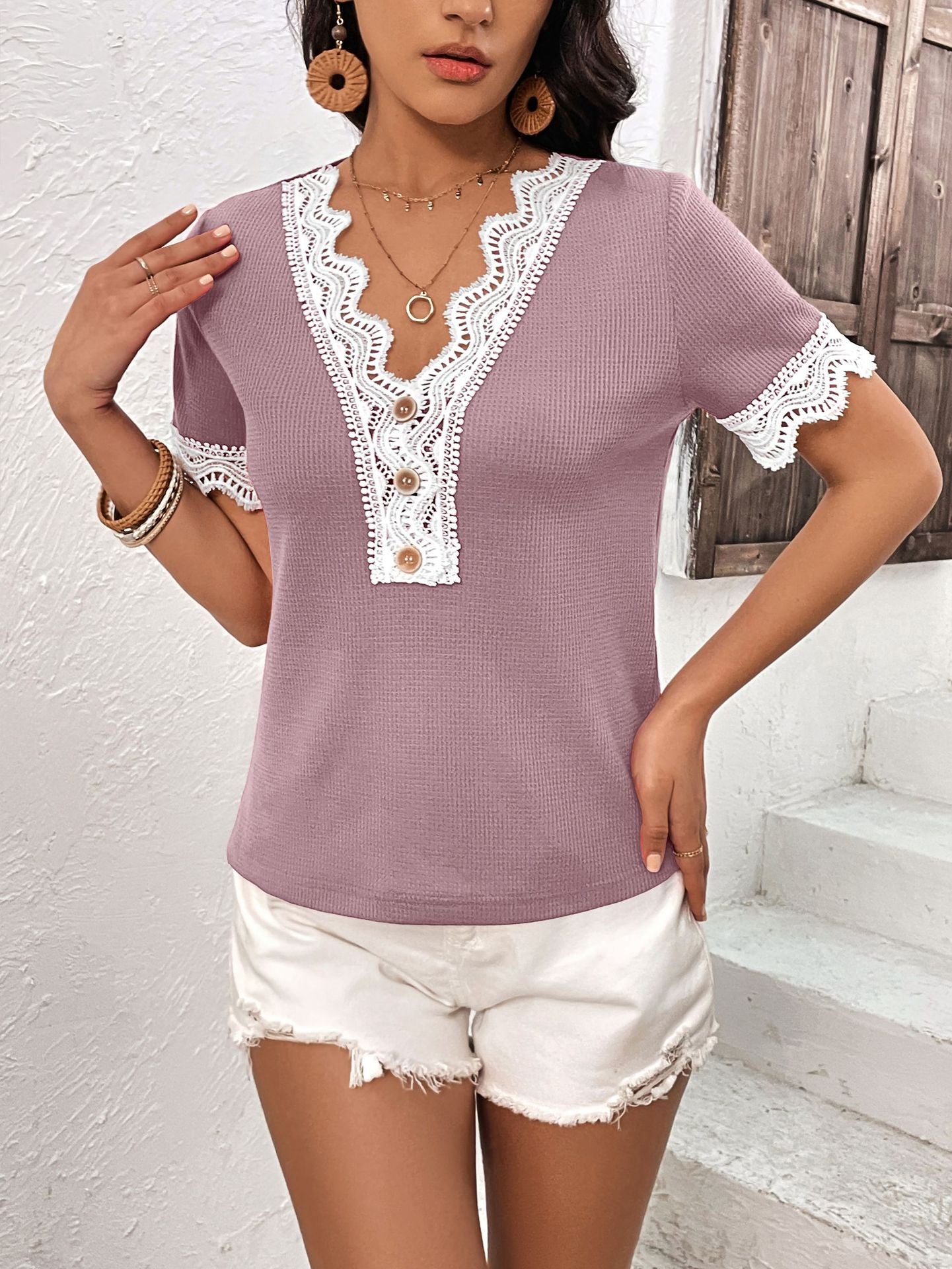 Purple V-Neck Lace Detail Top