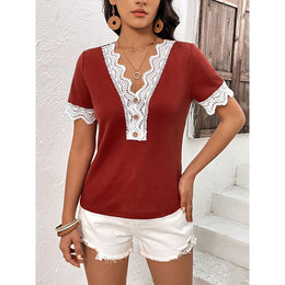 Maroon V-Neck Lace Insert Top
