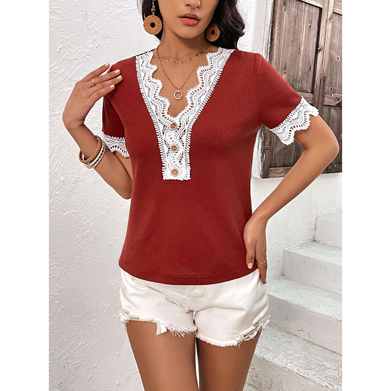 Maroon V-Neck Lace Insert Top