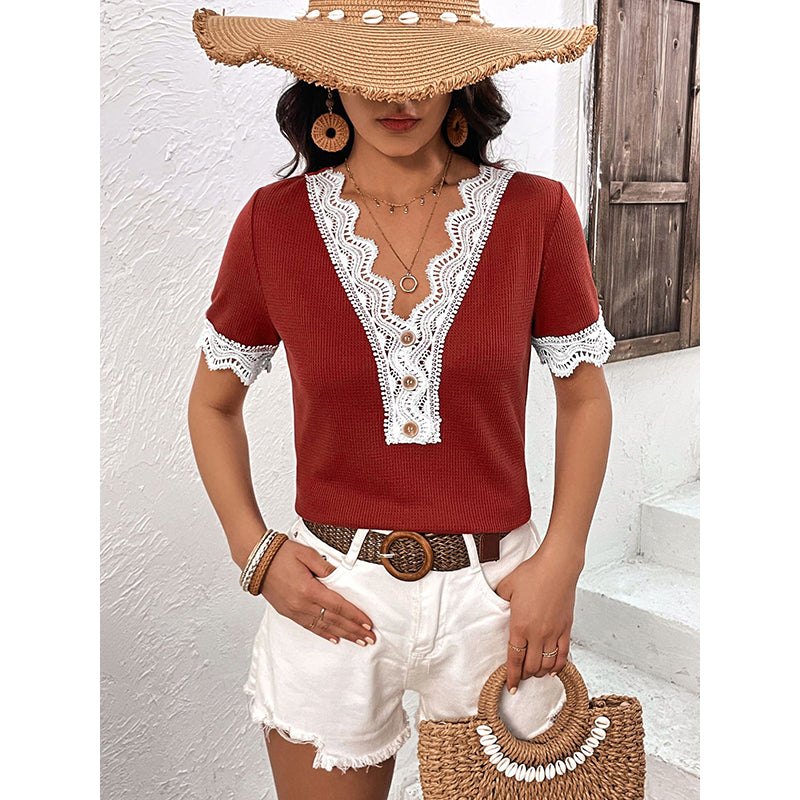 Maroon V-Neck Lace Insert Top
