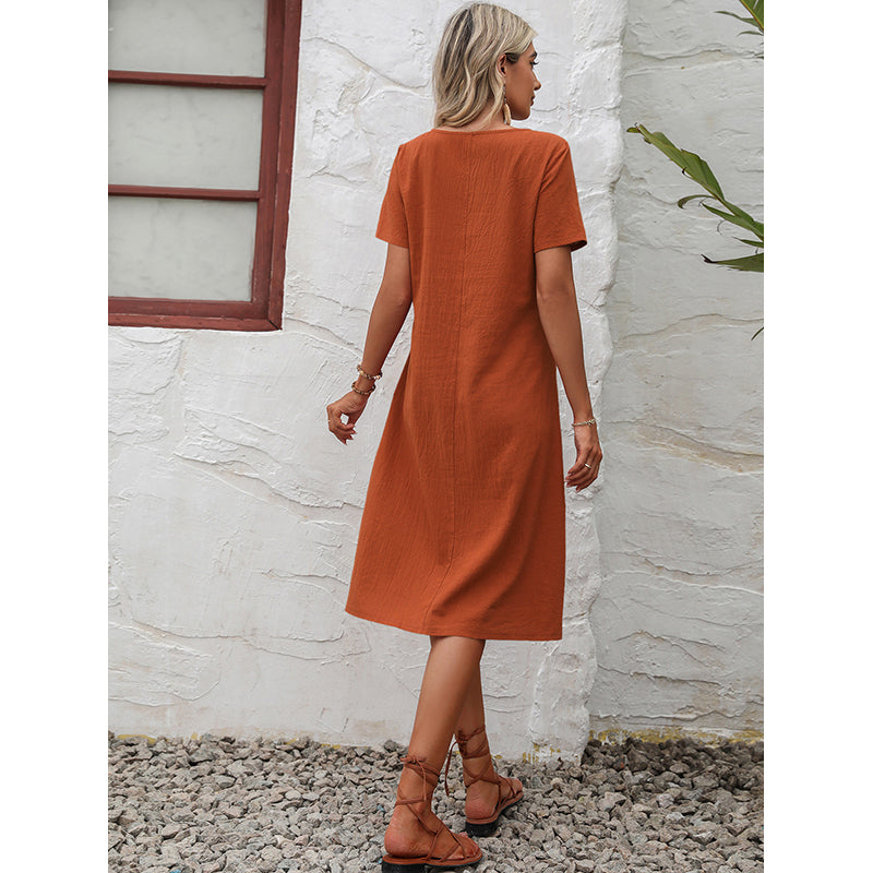 Orange Round Neck A-Line Cotton Dress
