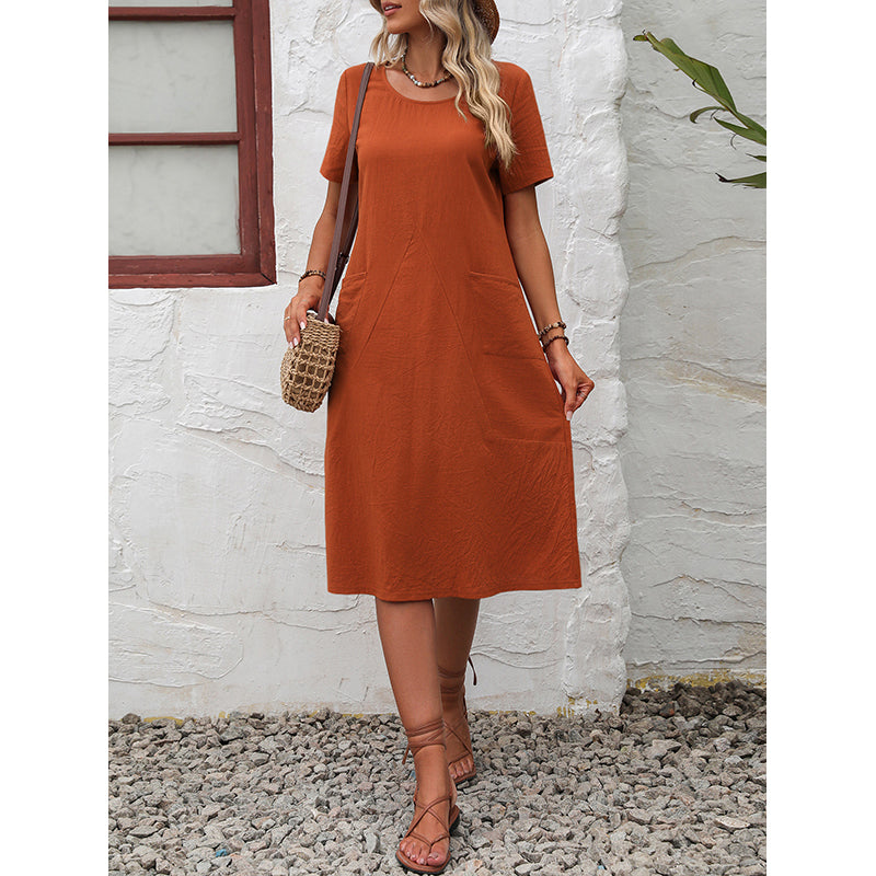 Orange Round Neck A-Line Cotton Dress
