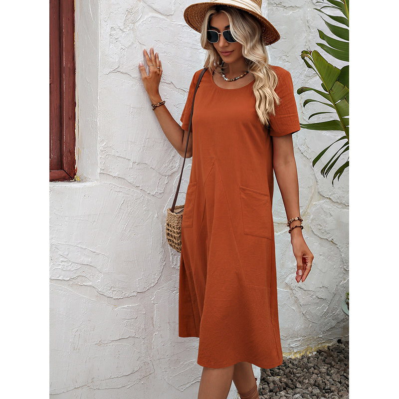 Orange Round Neck A-Line Cotton Dress