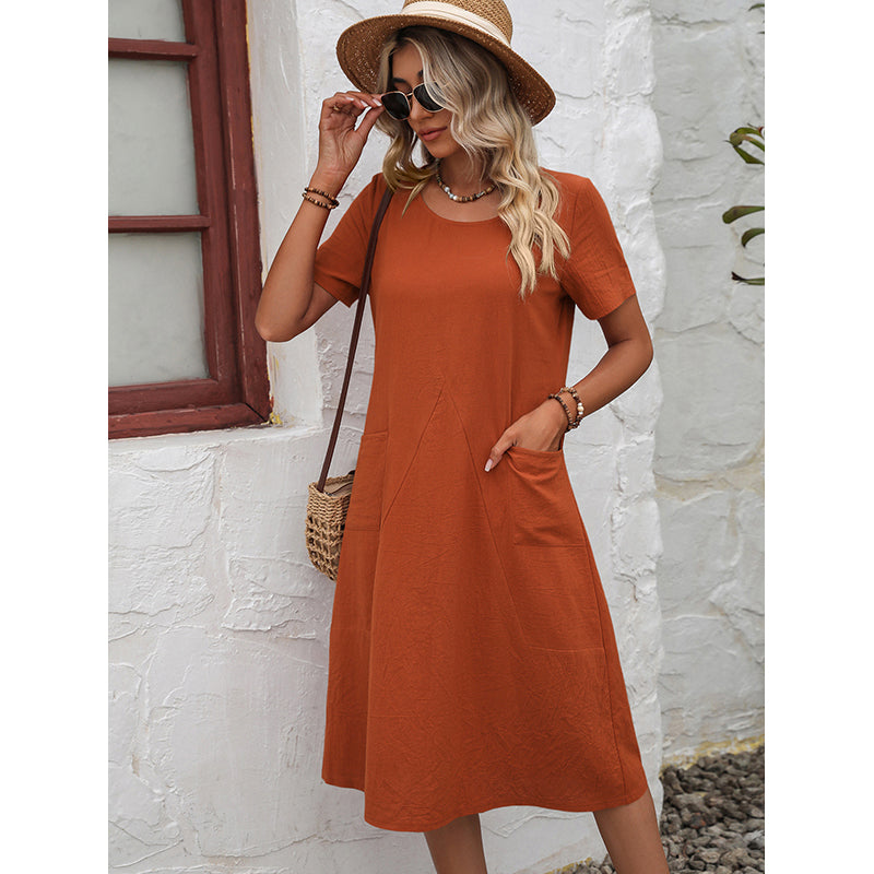 Orange Round Neck A-Line Cotton Dress