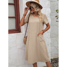 Beige Round Neck A-Line Dress