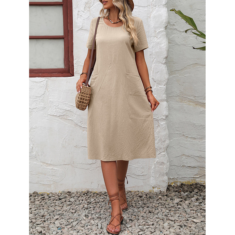 Beige Round Neck A-Line Dress