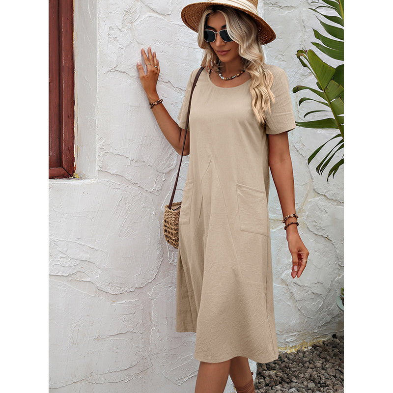 Beige Round Neck A-Line Dress