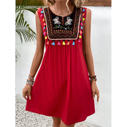 Red Ethnic Motifs Embroidered A-Line Dress