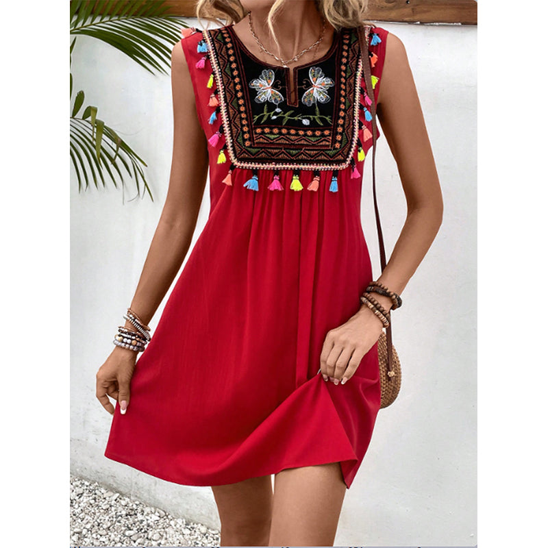 Red Ethnic Motifs Embroidered A-Line Dress