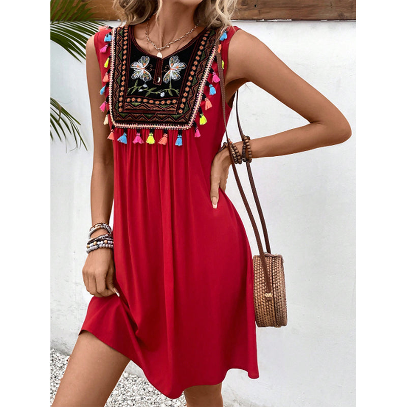 Red Ethnic Motifs Embroidered A-Line Dress
