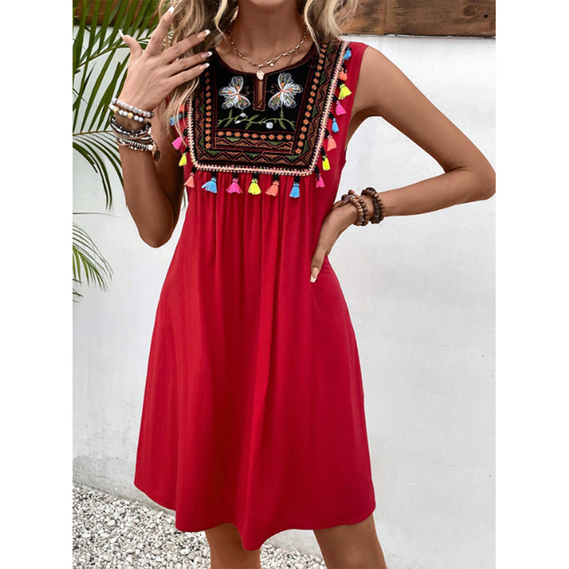 Red Ethnic Motifs Embroidered A-Line Dress