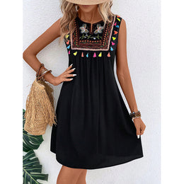 Ethnic Motifs Embroidered Fringed A-Line Cotton Dress