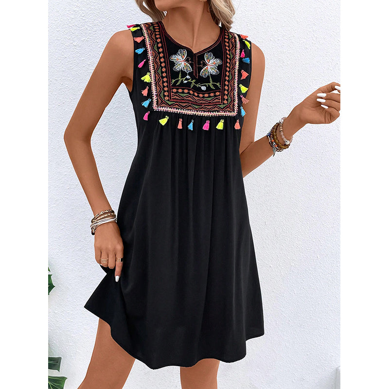 Ethnic Motifs Embroidered Fringed A-Line Cotton Dress