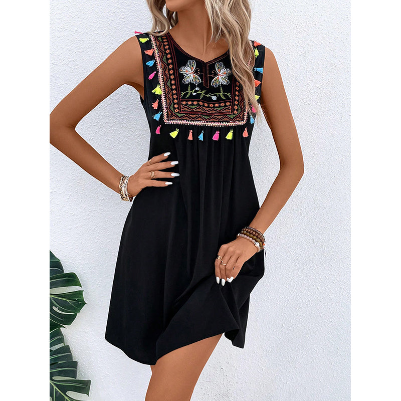 Ethnic Motifs Embroidered Fringed A-Line Cotton Dress