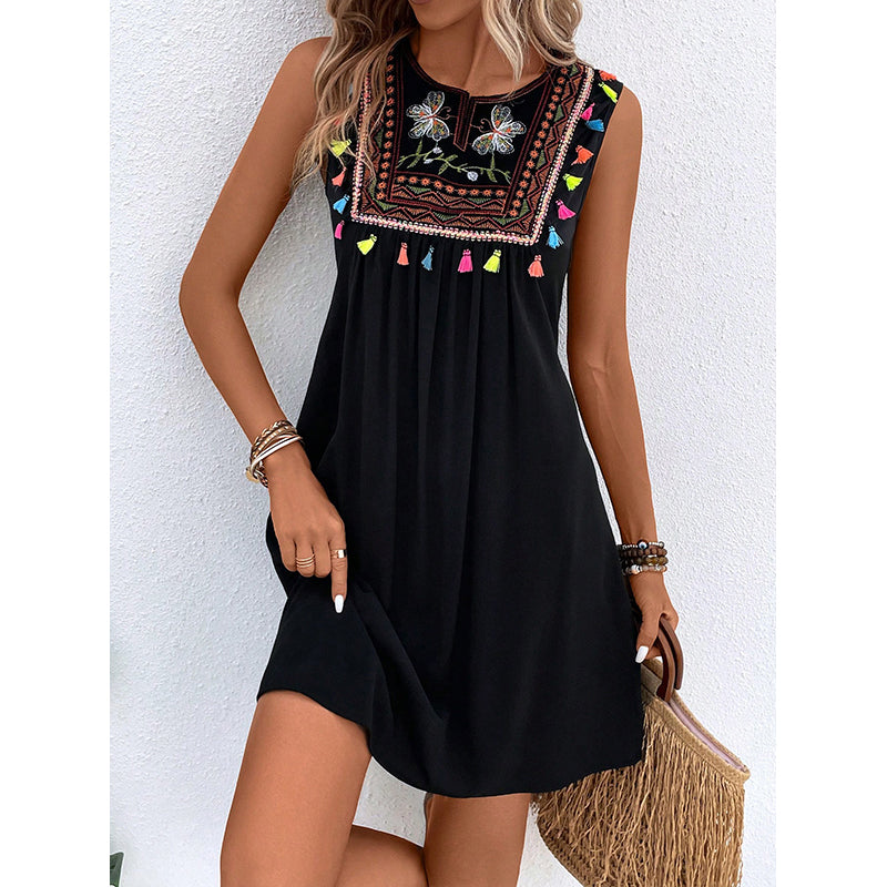 Ethnic Motifs Embroidered Fringed A-Line Cotton Dress
