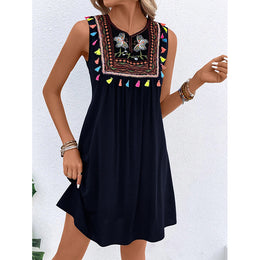 Navy Blue Ethnic Motifs Embroidered Gathered A-Line Dress