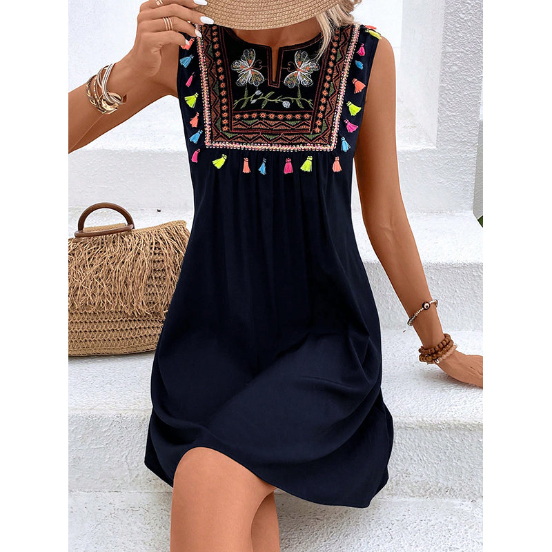 Navy Blue Ethnic Motifs Embroidered Gathered A-Line Dress