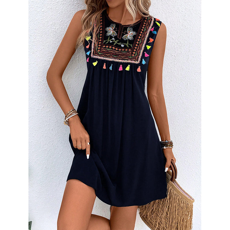 Navy Blue Ethnic Motifs Embroidered Gathered A-Line Dress
