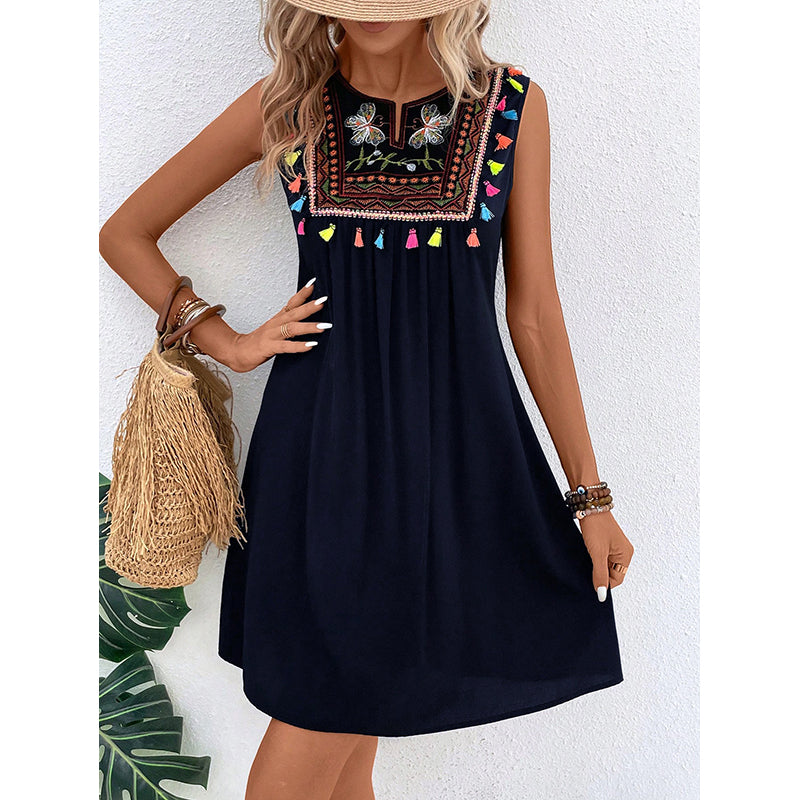 Navy Blue Ethnic Motifs Embroidered Gathered A-Line Dress