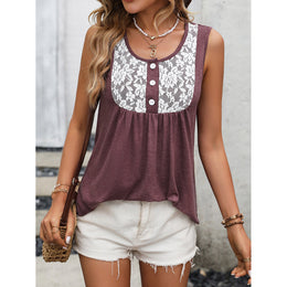 Maroon Sleeveless Floral Lace Inserts & Gathered Detail A-Line Top