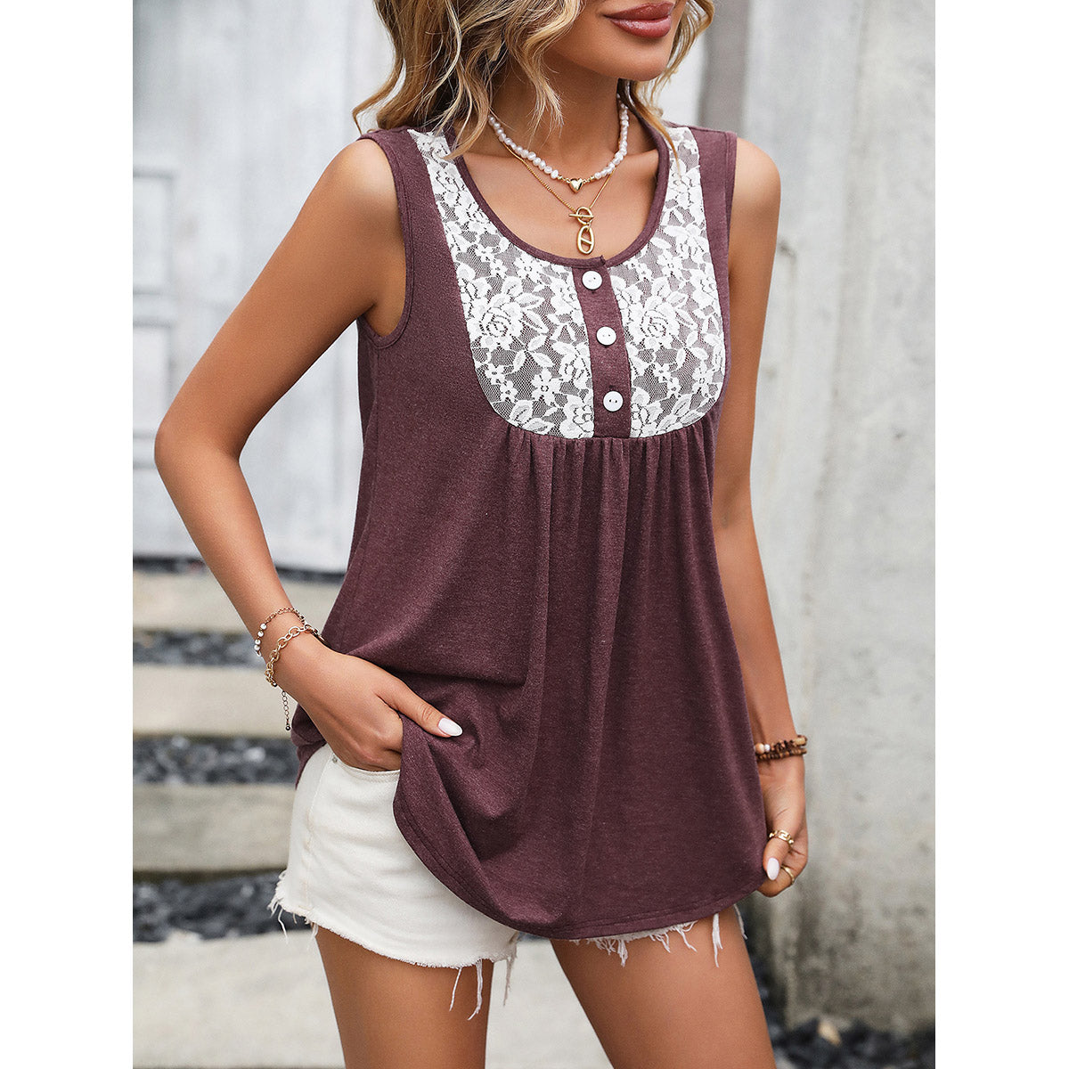 Maroon Sleeveless Floral Lace Inserts & Gathered Detail A-Line Top
