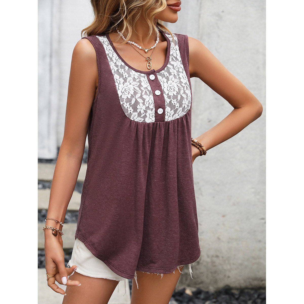 Maroon Sleeveless Floral Lace Inserts & Gathered Detail A-Line Top
